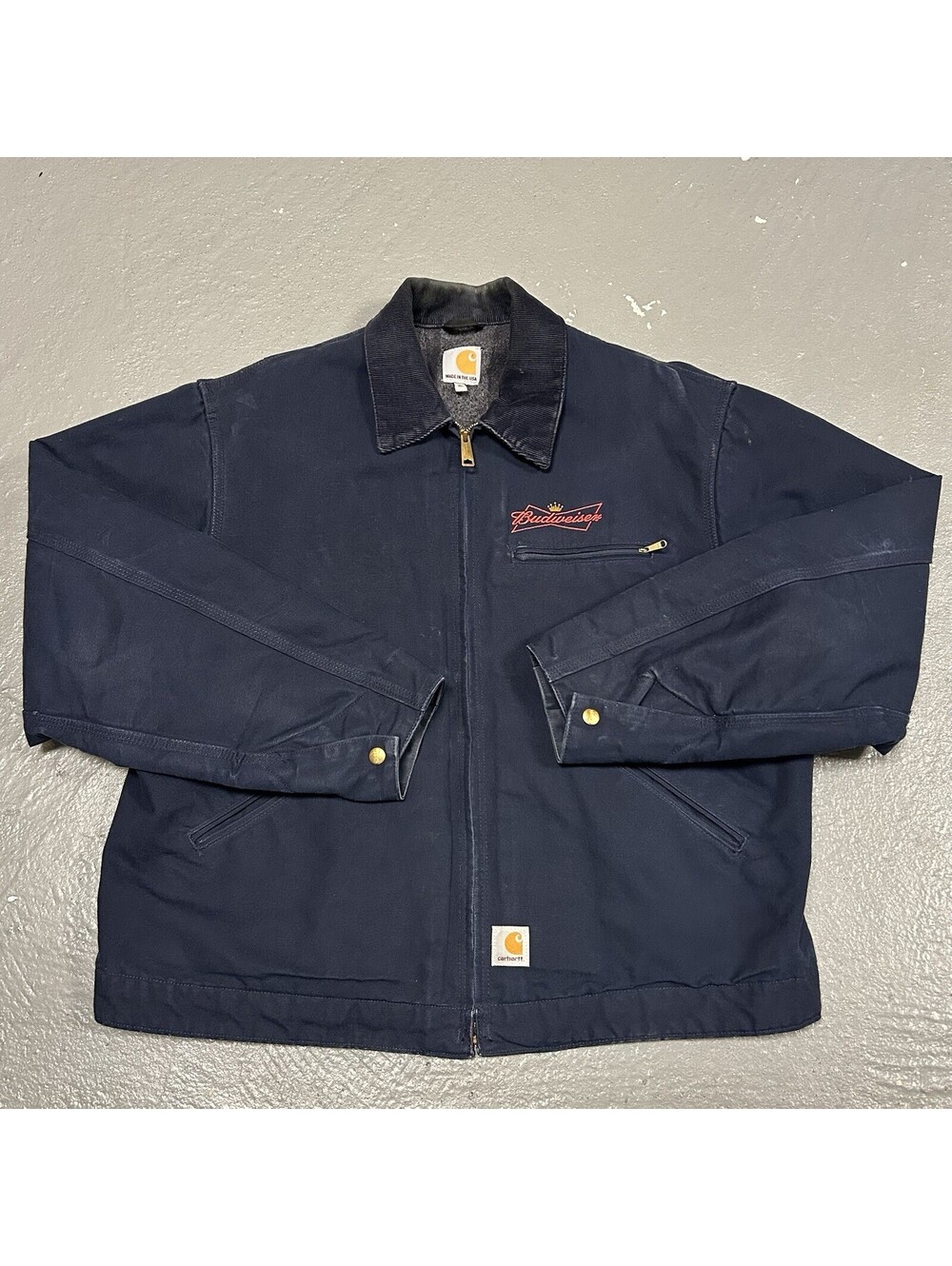 RARE Carhartt Detroit Jacket Navy Blanket Lined USA Budweiser J209 DNY Size XL